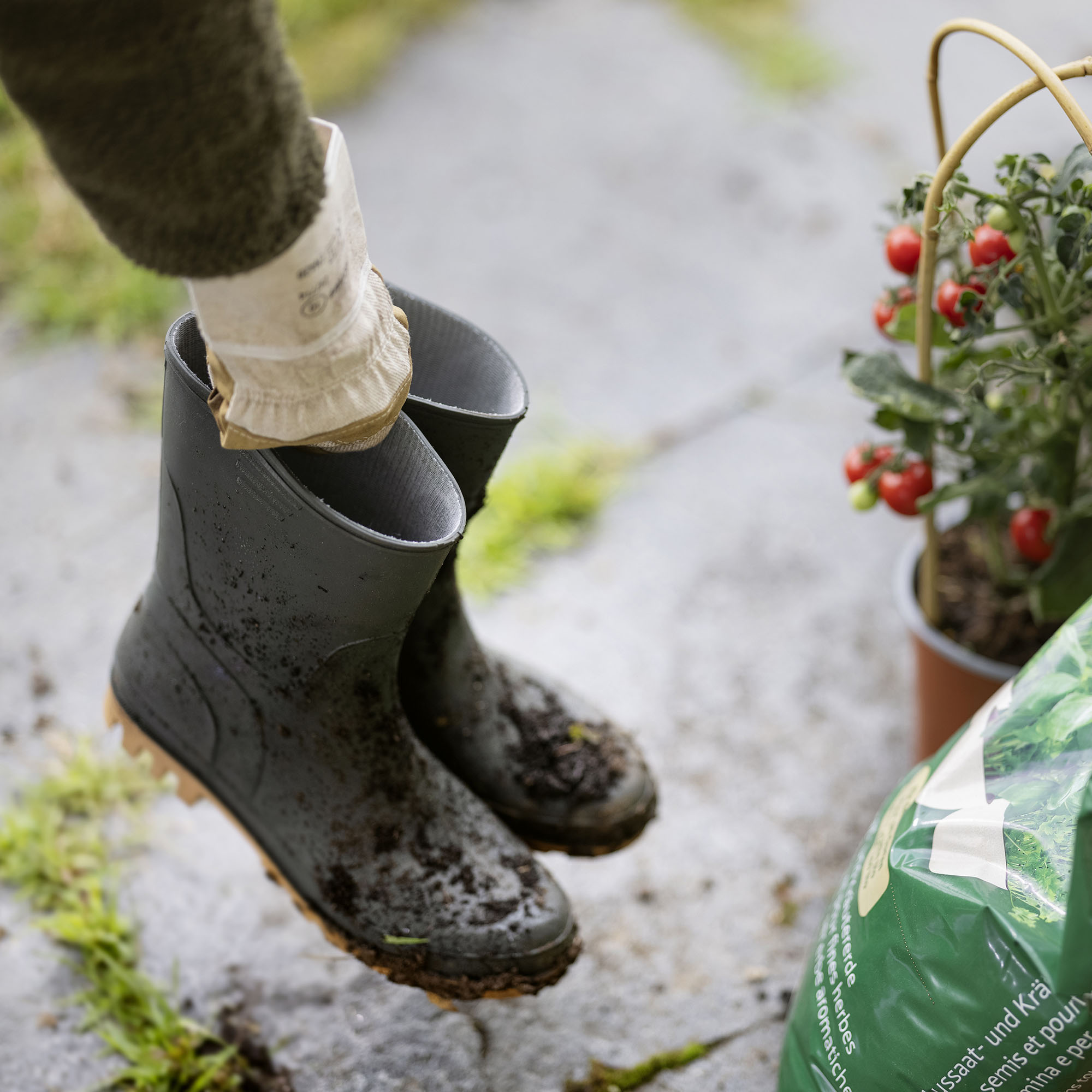 Hände halten schmutzige Gummistiefel